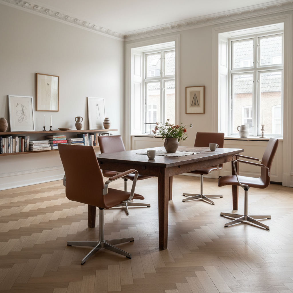 AUO NORD Arne Jacobsen Oxford stole med høj ryg i cognacfarvet læder og poleret kromstel placeret ved et træbord