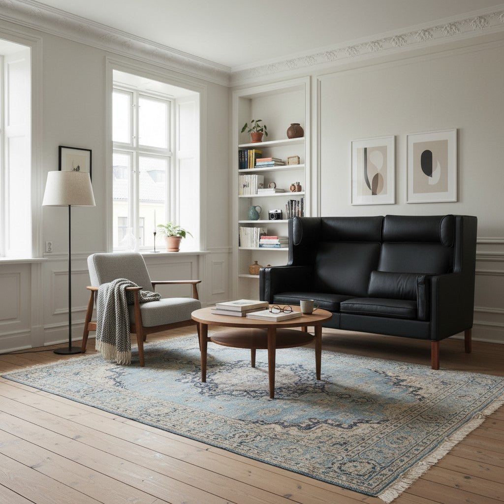 AUO NORD Børge Mogensen 2-personers kupé sofa model 2192 i sort læder med ben i valnød i en lys stue