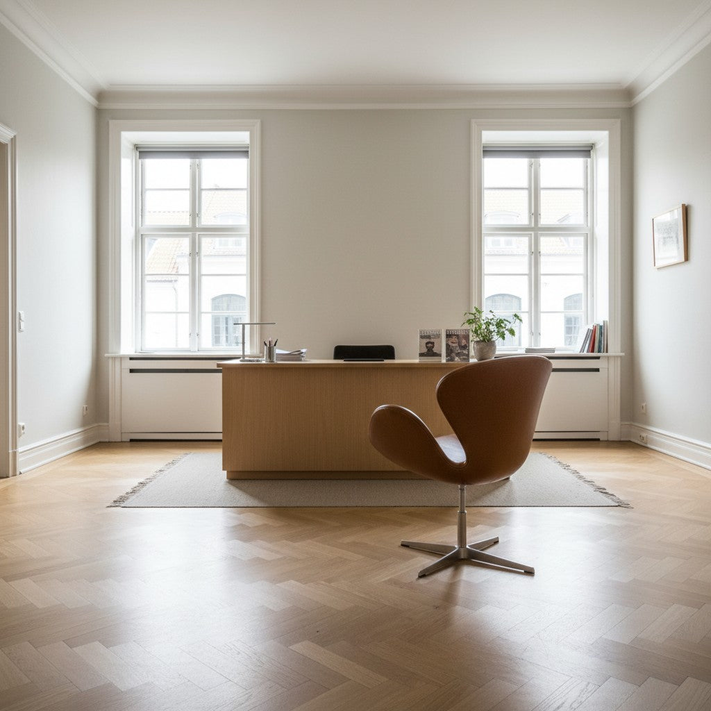 AUO NORD Arne Jacobsen Svanestol i Elegance Walnut anilinlæder med stålbase placeret i et lyst kontor