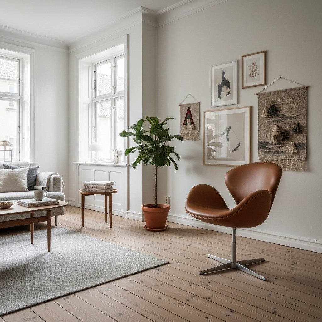 AUO NORD Arne Jacobsen Svanestol i Elegance Walnut anilinlæder med stålbase placeret i en lys skandinavisk stue.