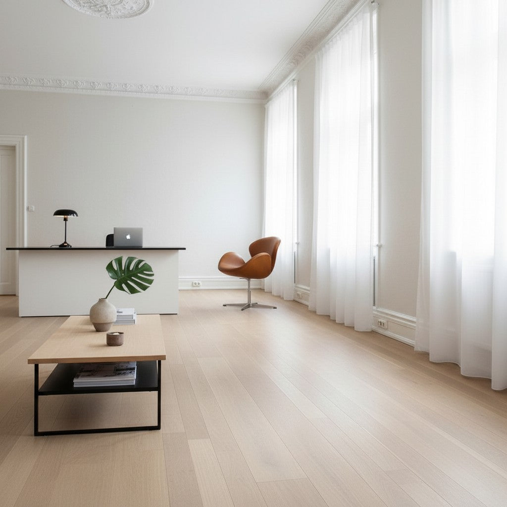 AUO NORD Arne Jacobsen Svanestol i Elegance Walnut anilinlæder med stålstel placeret i et lyst, moderne kontorlokale
